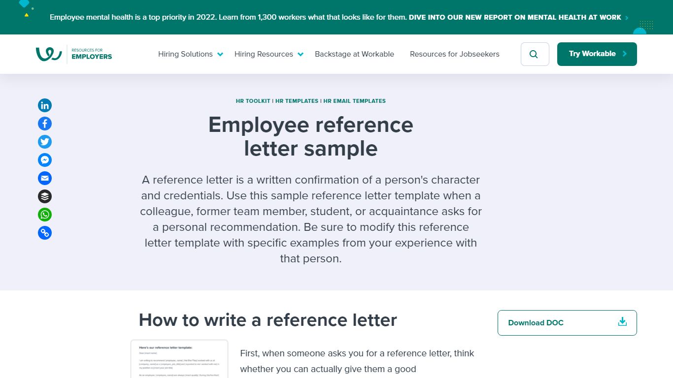 Sample Reference Letter Template (Free Example Word) | Workable